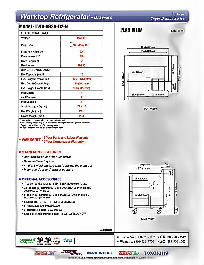 Turbo Air TWR-48SD-D2-N 48 1/4" Super Deluxe Worktop Refrigerator w/ (2) Sections, 2 Drawers & 1 Solid Door - Donut-Equipment.com