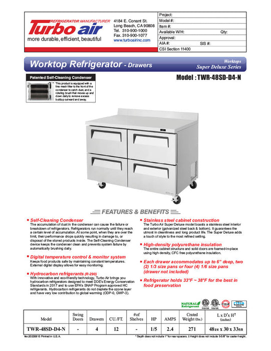 Turbo Air TWR-48SD-D4-N 48 1/4" Super Deluxe Worktop Refrigerator w/ (2) Sections, 4 Drawers - Bakery Wholesalers