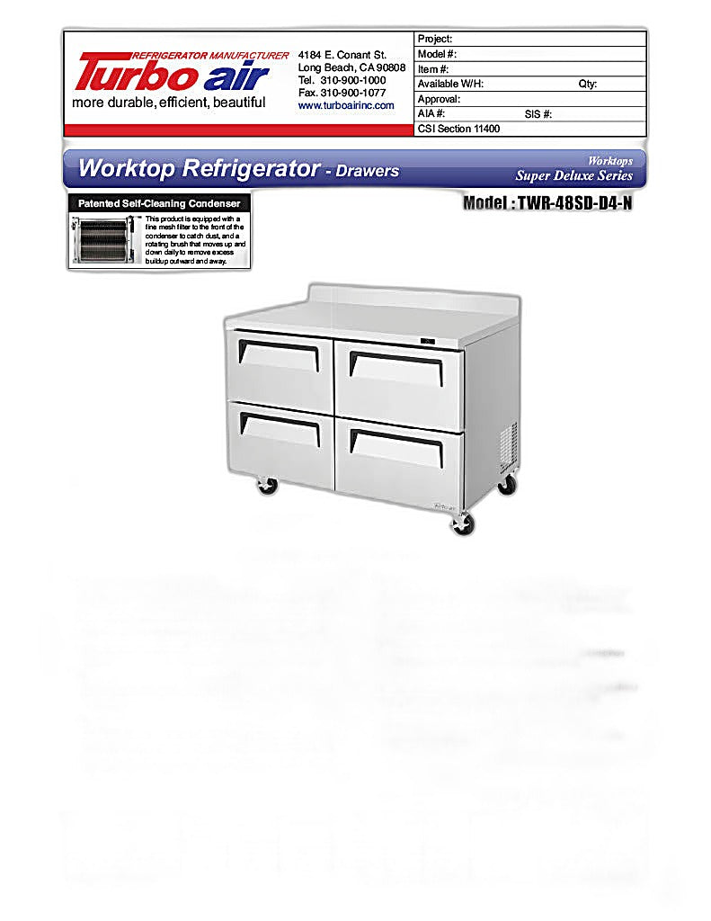 Turbo Air TWR-48SD-D4-N 48 1/4" Super Deluxe Worktop Refrigerator w/ (2) Sections, 4 Drawers - Donut-Equipment.com