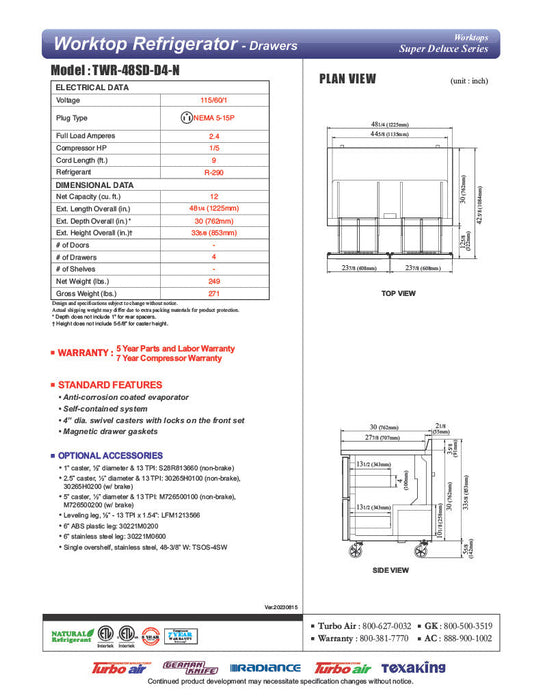 Turbo Air TWR-48SD-D4-N 48 1/4" Super Deluxe Worktop Refrigerator w/ (2) Sections, 4 Drawers - Bakery Wholesalers