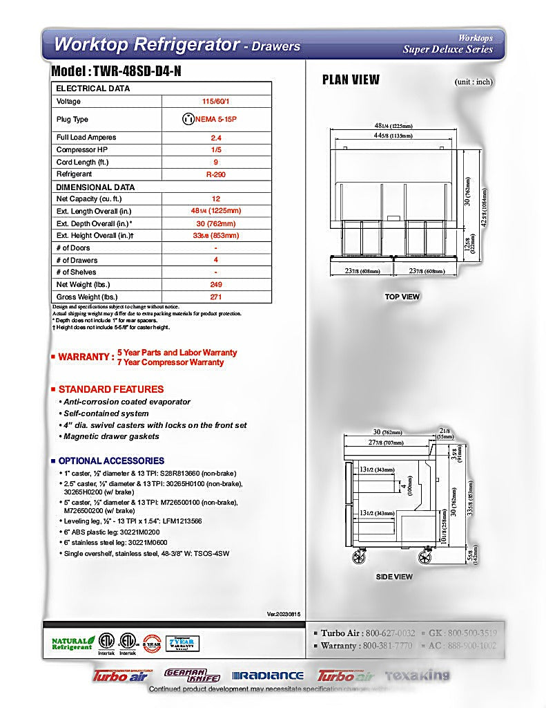 Turbo Air TWR-48SD-D4-N 48 1/4" Super Deluxe Worktop Refrigerator w/ (2) Sections, 4 Drawers - Donut-Equipment.com