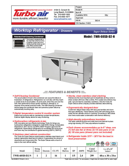 Turbo Air TWR-60SD-D2R-N 60 1/4" Super Deluxe Worktop Refrigerator w/ (2) Sections, 2 Drawers & 1 Solid Door - Bakery Wholesalers