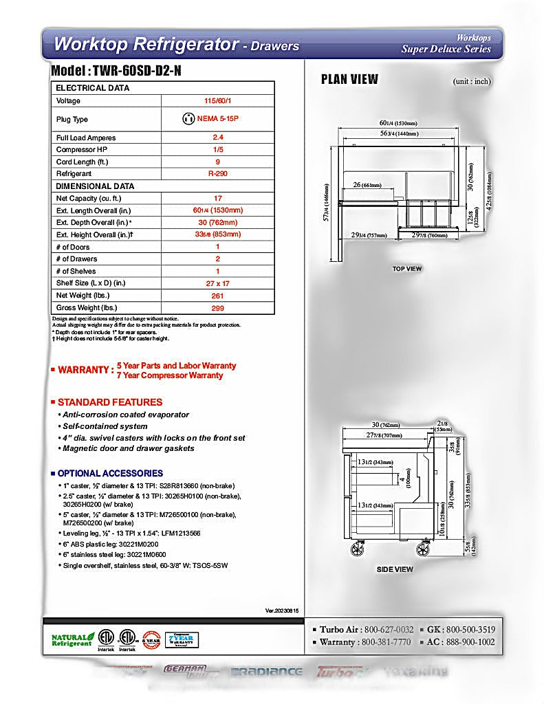 Turbo Air TWR-60SD-D2R-N 60 1/4" Super Deluxe Worktop Refrigerator w/ (2) Sections, 2 Drawers & 1 Solid Door - Donut-Equipment.com