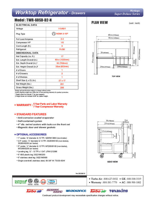 Turbo Air TWR-60SD-D2R-N 60 1/4" Super Deluxe Worktop Refrigerator w/ (2) Sections, 2 Drawers & 1 Solid Door - Bakery Wholesalers