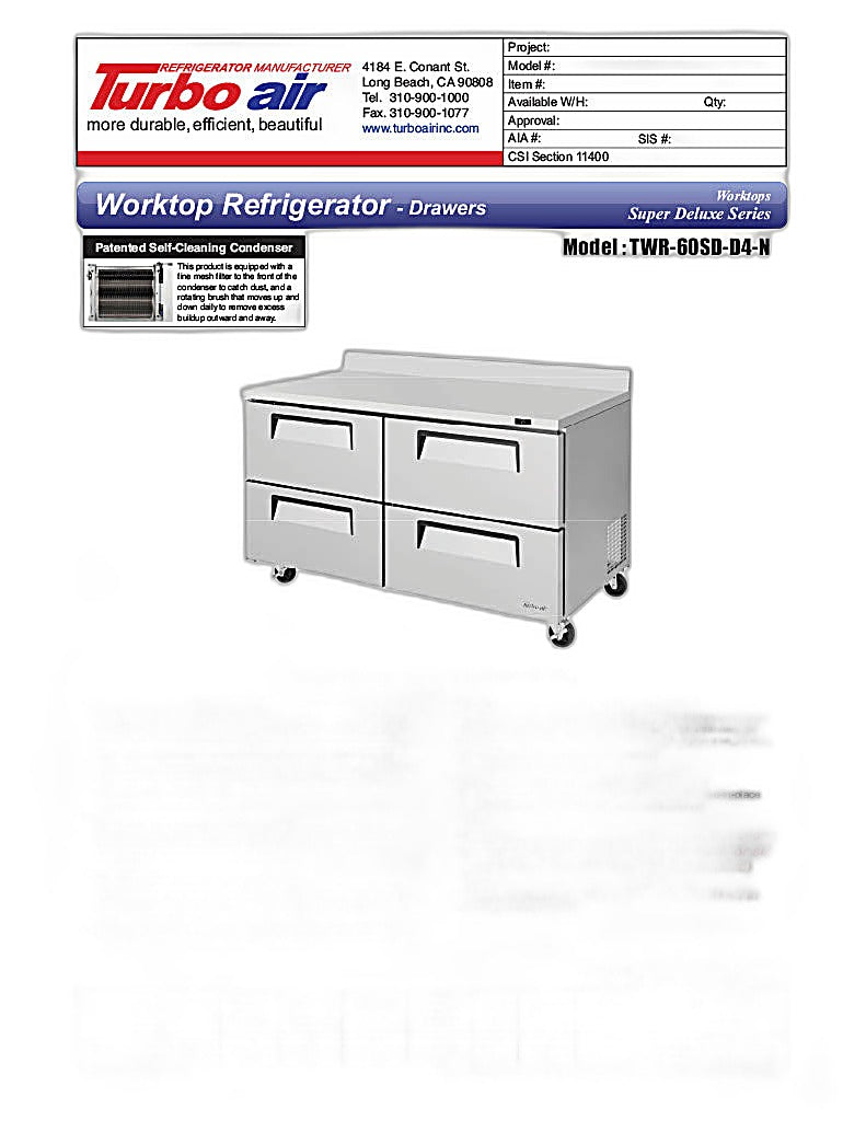 Turbo Air TWR-60SD-D4-N 60 1/4" Super Deluxe Worktop Refrigerator w/ (2) Sections, 4 Drawers - Donut-Equipment.com