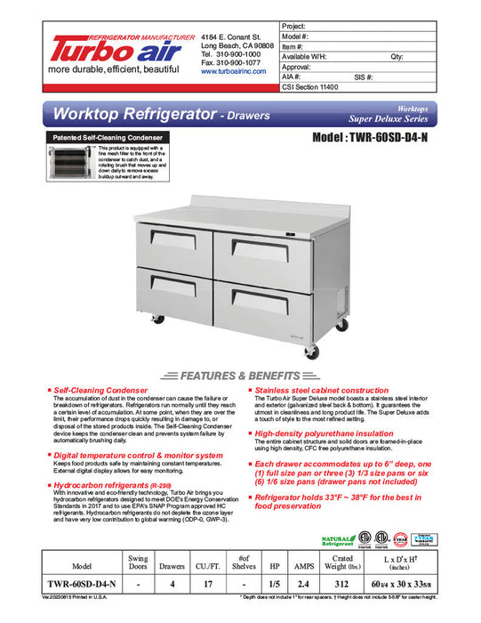 Turbo Air TWR-60SD-D4-N 60 1/4" Super Deluxe Worktop Refrigerator w/ (2) Sections, 4 Drawers - Bakery Wholesalers