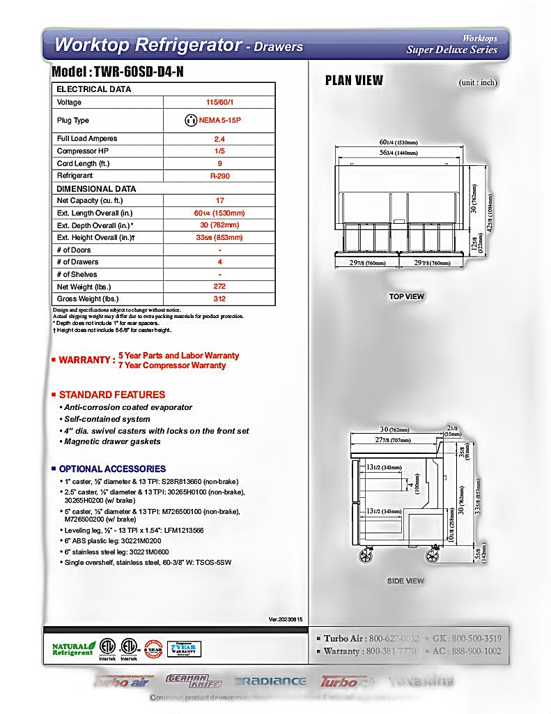Turbo Air TWR-60SD-D4-N 60 1/4" Super Deluxe Worktop Refrigerator w/ (2) Sections, 4 Drawers - Donut-Equipment.com