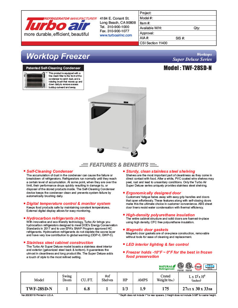 Turbo Air TWF-28SD-N 27 1/2" Super Deluxe Worktop Freezer w/ (1) Section, 1 Solid Door - Donut-Equipment.com