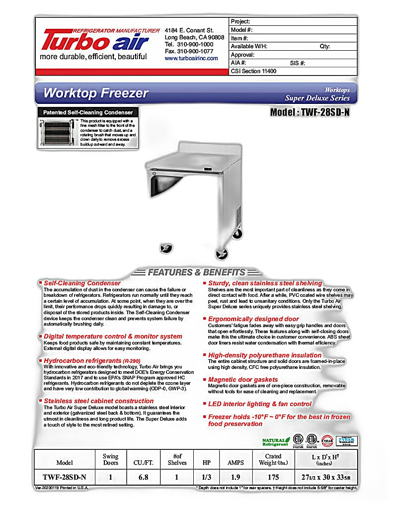 Turbo Air TWF-28SD-N 27 1/2" Super Deluxe Worktop Freezer w/ (1) Section, 1 Solid Door - Donut-Equipment.com