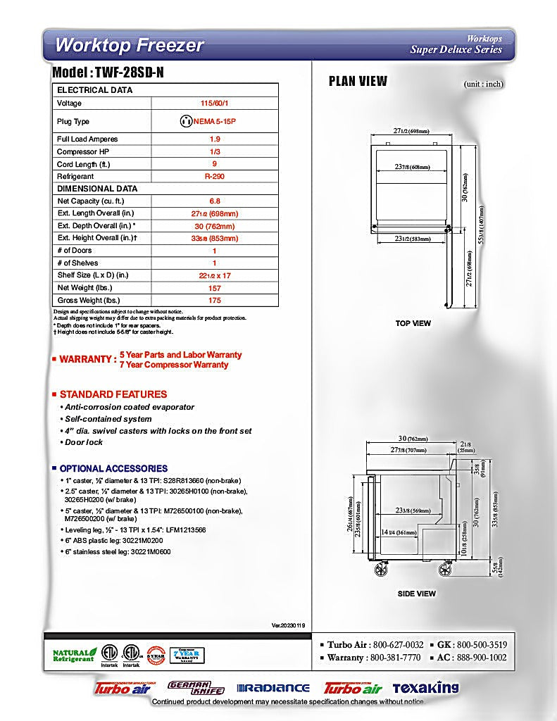 Turbo Air TWF-28SD-N 27 1/2" Super Deluxe Worktop Freezer w/ (1) Section, 1 Solid Door - Donut-Equipment.com
