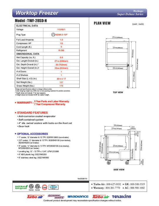 Turbo Air TWF-28SD-N 27 1/2" Super Deluxe Worktop Freezer w/ (1) Section, 1 Solid Door - Bakery Wholesalers
