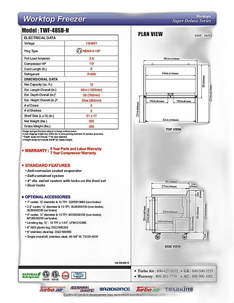 Turbo Air TWR-48SD-N 48 1/4" Super Deluxe Worktop Refrigerator w/ (2) Sections, 2 Solid Doors - Donut-Equipment.com