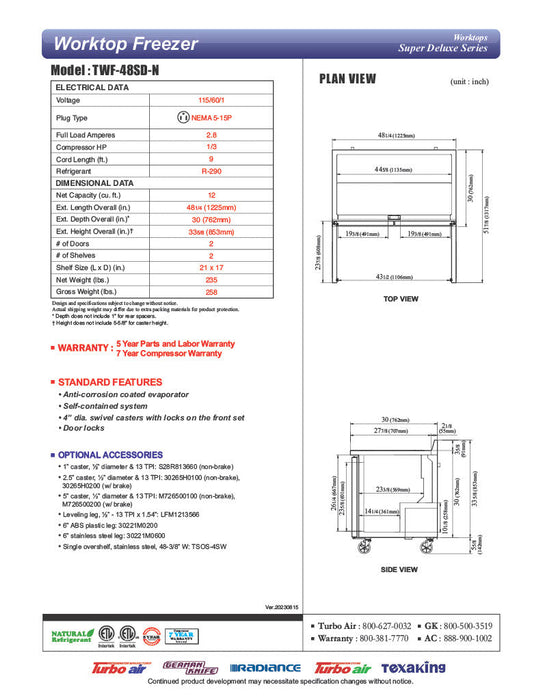Turbo Air TWR-48SD-N 48 1/4" Super Deluxe Worktop Refrigerator w/ (2) Sections, 2 Solid Doors - Bakery Wholesalers