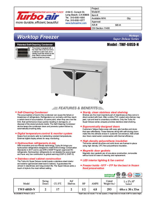 Turbo Air TWF-60SD-N 60 1/4" Super Deluxe Worktop Freezer w/ (2) Sections, 2 Solid Doors - Bakery Wholesalers