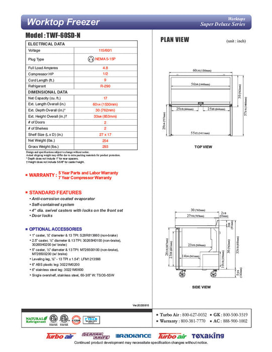 Turbo Air TWF-60SD-N 60 1/4" Super Deluxe Worktop Freezer w/ (2) Sections, 2 Solid Doors - Bakery Wholesalers