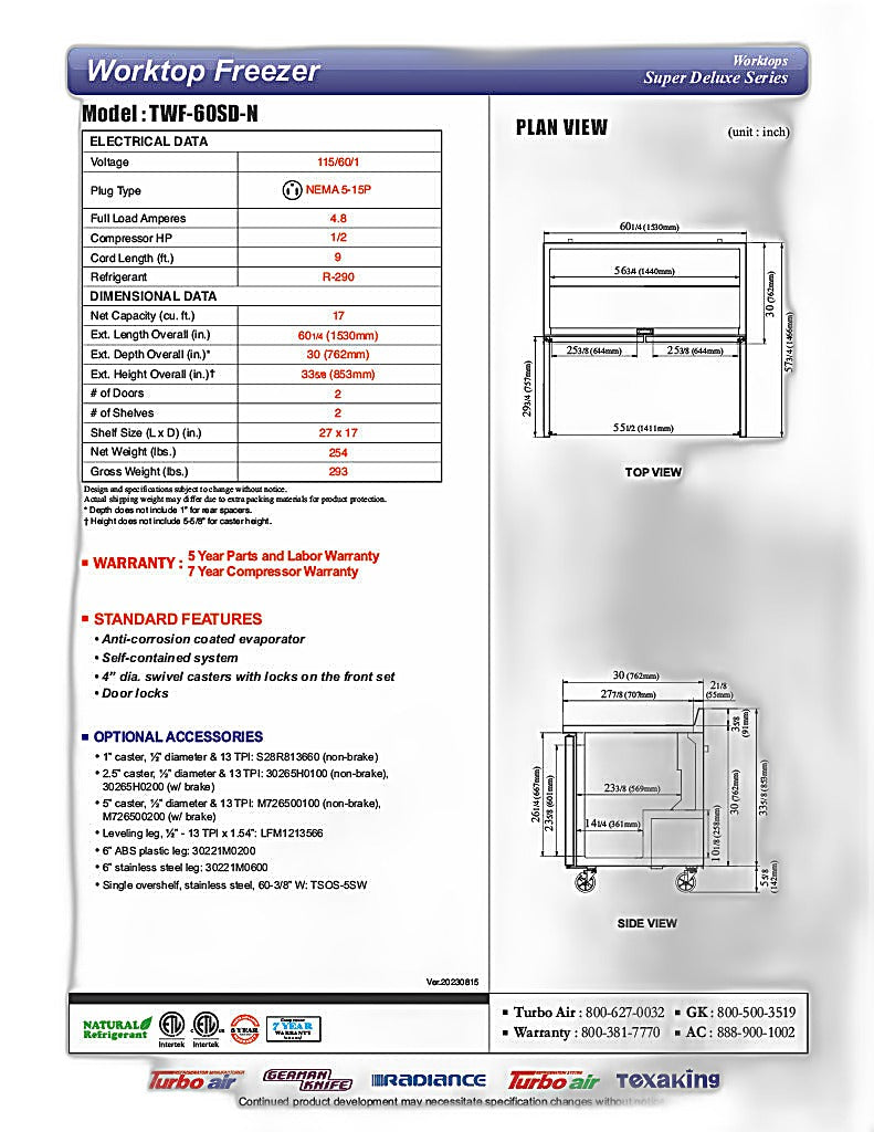 Turbo Air TWF-60SD-N 60 1/4" Super Deluxe Worktop Freezer w/ (2) Sections, 2 Solid Doors - Donut-Equipment.com