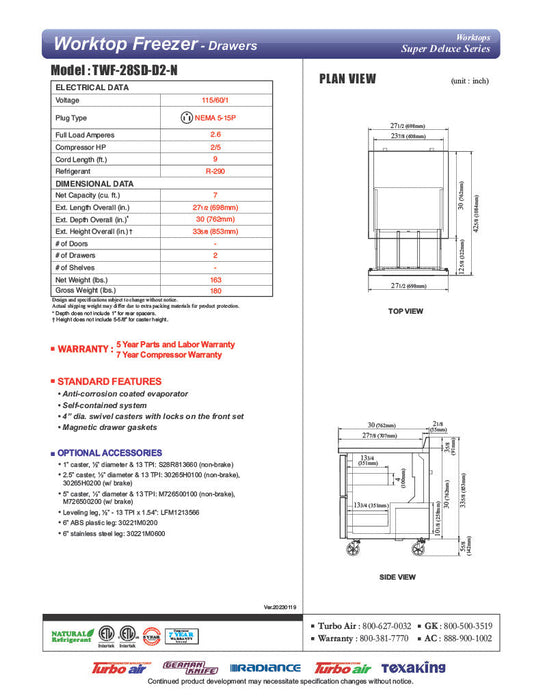 Turbo Air TWF-28SD-D2-N 27 1/2" Super Deluxe Worktop Freezer w/ (1) Section, 2 Drawers - Bakery Wholesalers