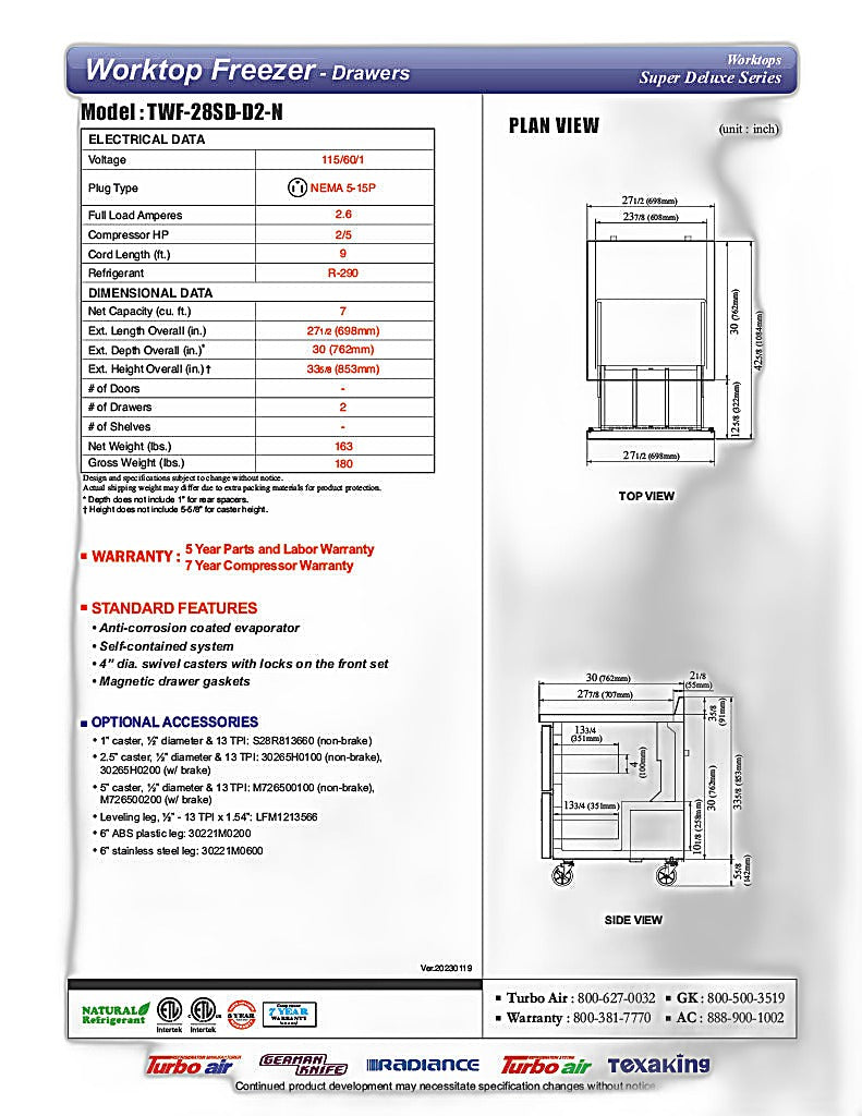Turbo Air TWF-28SD-D2-N 27 1/2" Super Deluxe Worktop Freezer w/ (1) Section, 2 Drawers - Donut-Equipment.com