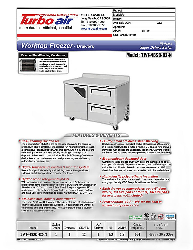 Turbo Air TWF-48SD-D2-N 48 1/4" Super Deluxe Worktop Freezer w/ (2) Sections, 2 Drawers & 1 Solid Door - Donut-Equipment.com