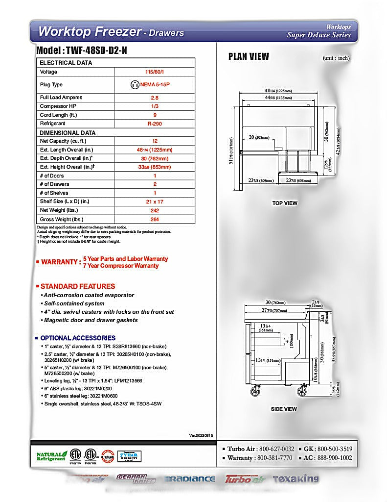 Turbo Air TWF-48SD-D2-N 48 1/4" Super Deluxe Worktop Freezer w/ (2) Sections, 2 Drawers & 1 Solid Door - Donut-Equipment.com