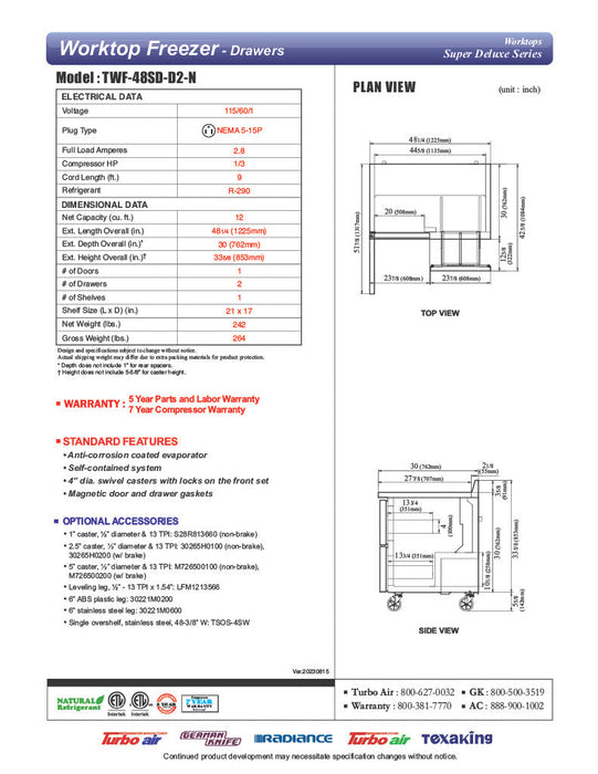 Turbo Air TWF-48SD-D2-N 48 1/4" Super Deluxe Worktop Freezer w/ (2) Sections, 2 Drawers & 1 Solid Door - Bakery Wholesalers