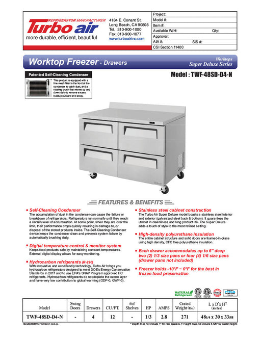 Turbo Air TWF-48SD-D4-N 48 1/4" Super Deluxe Worktop Freezer w/ (2) Sections, 4 Drawers - Bakery Wholesalers