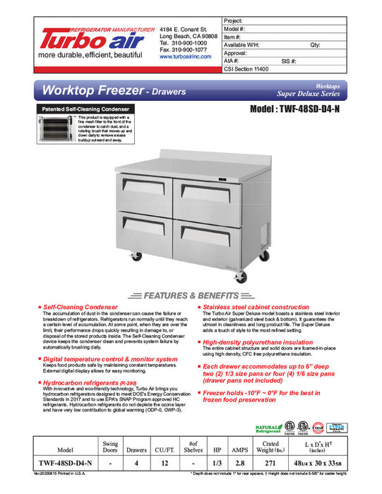 Turbo Air TWF-48SD-D4-N 48 1/4" Super Deluxe Worktop Freezer w/ (2) Sections, 4 Drawers - Bakery Wholesalers