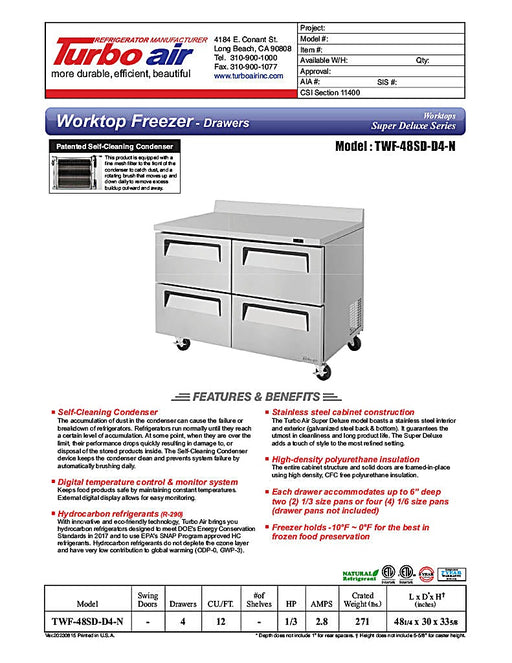 Turbo Air TWF-48SD-D4-N 48 1/4" Super Deluxe Worktop Freezer w/ (2) Sections, 4 Drawers - Donut-Equipment.com