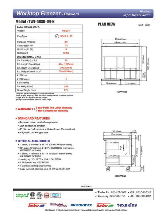 Turbo Air TWF-48SD-D4-N 48 1/4" Super Deluxe Worktop Freezer w/ (2) Sections, 4 Drawers - Bakery Wholesalers