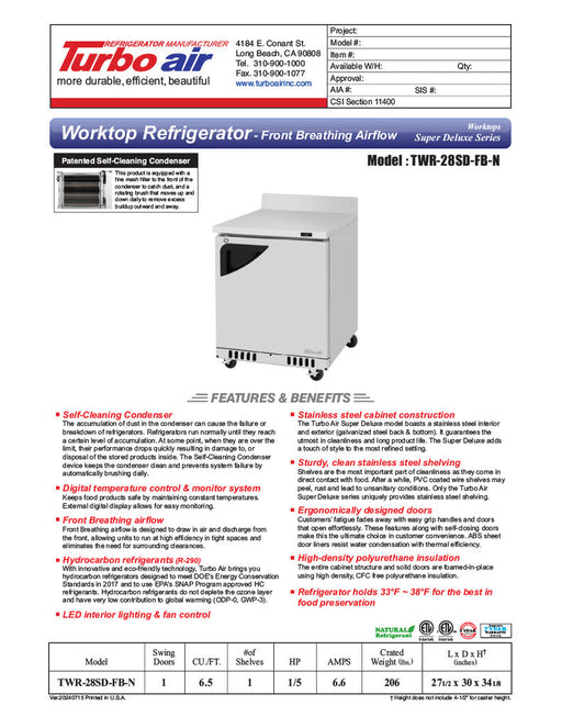 Turbo Air TWR-28SD-FB-N 27 1/2" Super Deluxe Worktop Refrigerator w/ (1) Section, 1 Solid Door, Front Breathing - Bakery Wholesalers