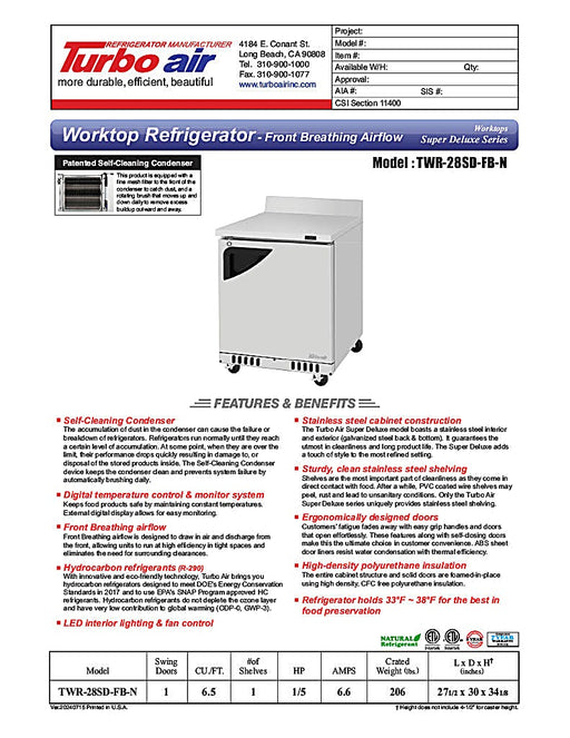 Turbo Air TWR-28SD-FB-N 27 1/2" Super Deluxe Worktop Refrigerator w/ (1) Section, 1 Solid Door, Front Breathing - Donut-Equipment.com