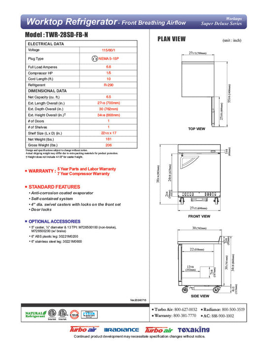 Turbo Air TWR-28SD-FB-N 27 1/2" Super Deluxe Worktop Refrigerator w/ (1) Section, 1 Solid Door, Front Breathing - Bakery Wholesalers