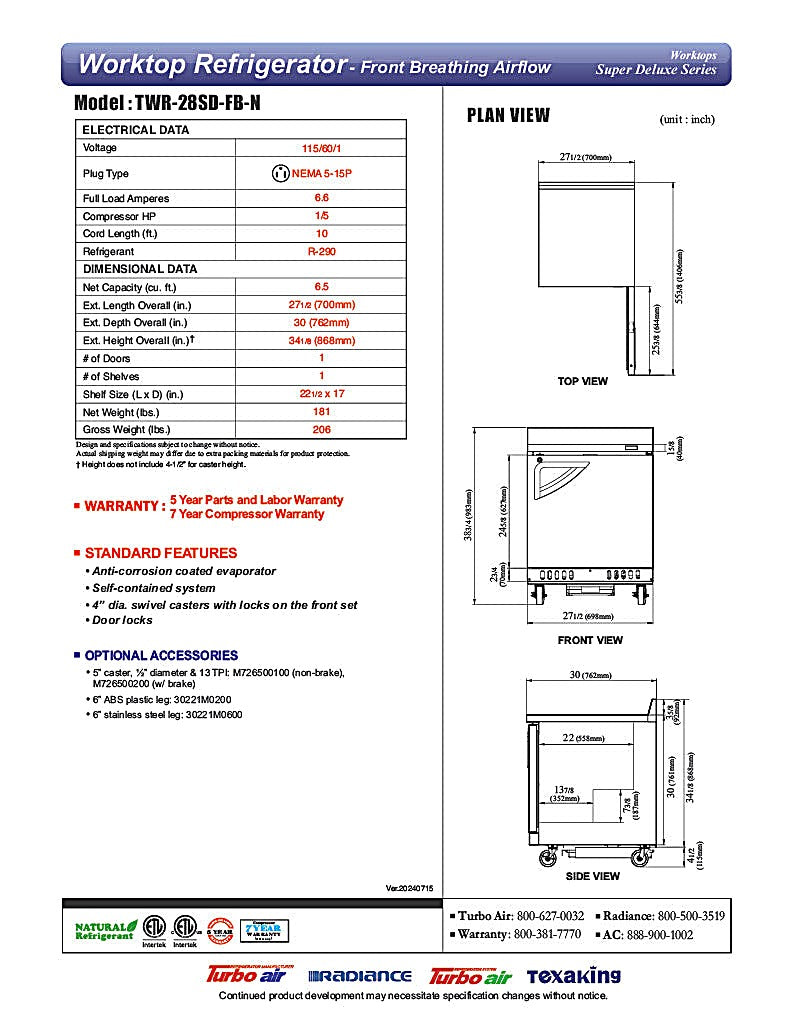 Turbo Air TWR-28SD-FB-N 27 1/2" Super Deluxe Worktop Refrigerator w/ (1) Section, 1 Solid Door, Front Breathing - Donut-Equipment.com
