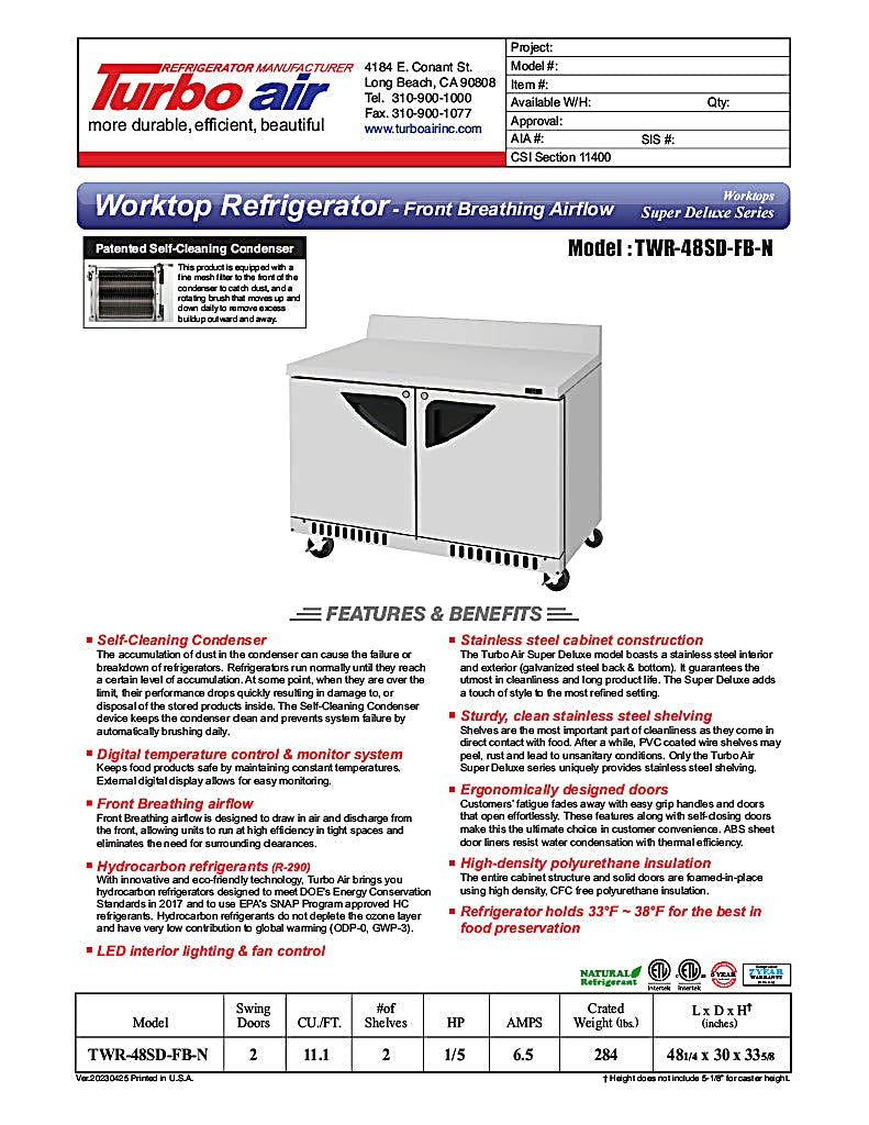 Turbo Air TWR-48SD-FB-N 48 1/4" Super Deluxe Worktop Refrigerator w/ (2) Sections, 2 Solid Doors, Front Breathing - Donut-Equipment.com
