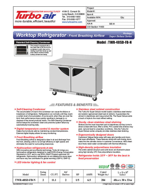 Turbo Air TWR-48SD-FB-N 48 1/4" Super Deluxe Worktop Refrigerator w/ (2) Sections, 2 Solid Doors, Front Breathing - Bakery Wholesalers