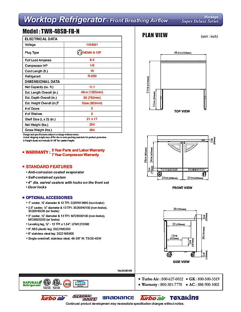 Turbo Air TWR-48SD-FB-N 48 1/4" Super Deluxe Worktop Refrigerator w/ (2) Sections, 2 Solid Doors, Front Breathing - Donut-Equipment.com