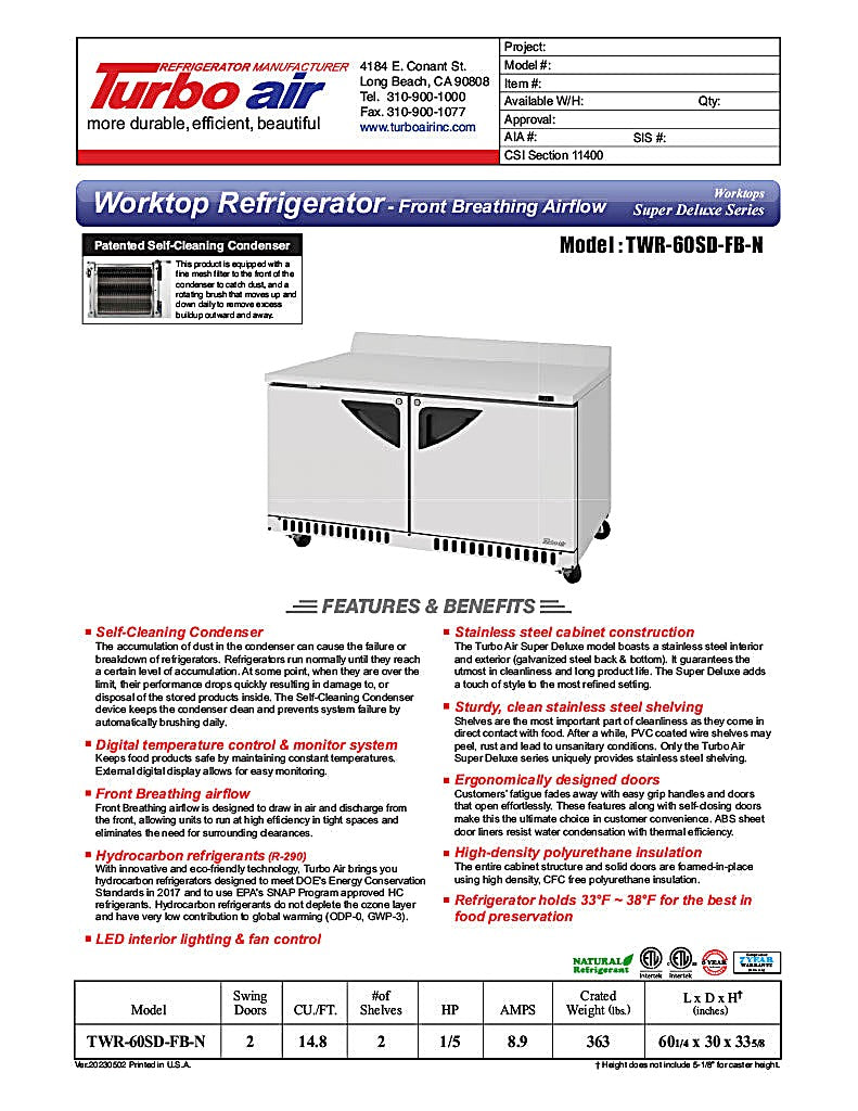 Turbo Air TWR-60SD-FB-N 60 1/4" Super Deluxe Worktop Refrigerator w/ (2) Sections, 2 Solid Doors, Front Breathing - Donut-Equipment.com