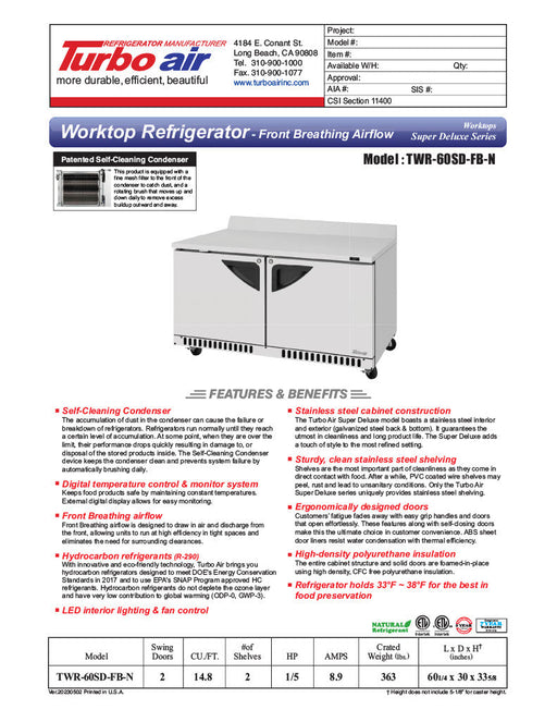 Turbo Air TWR-60SD-FB-N 60 1/4" Super Deluxe Worktop Refrigerator w/ (2) Sections, 2 Solid Doors, Front Breathing - Bakery Wholesalers