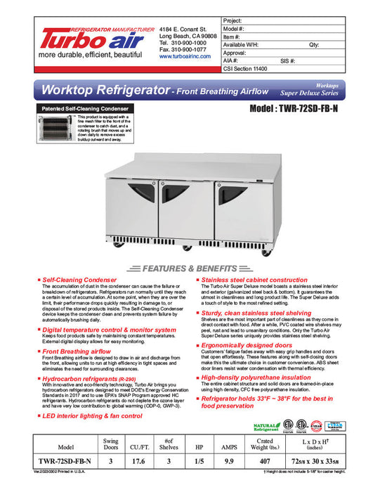 Turbo Air TWR-72SD-FB-N 72 5/8" Super Deluxe Worktop Refrigerator w/ (3) Sections, 3 Solid Doors, Front Breathing - Bakery Wholesalers