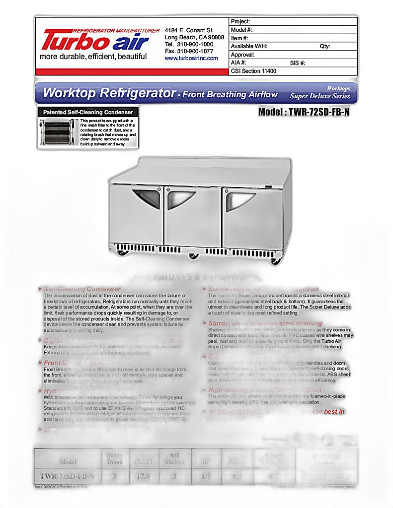 Turbo Air TWR-72SD-FB-N 72 5/8" Super Deluxe Worktop Refrigerator w/ (3) Sections, 3 Solid Doors, Front Breathing - Donut-Equipment.com