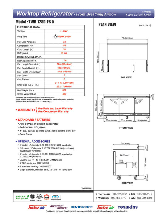Turbo Air TWR-72SD-FB-N 72 5/8" Super Deluxe Worktop Refrigerator w/ (3) Sections, 3 Solid Doors, Front Breathing - Bakery Wholesalers