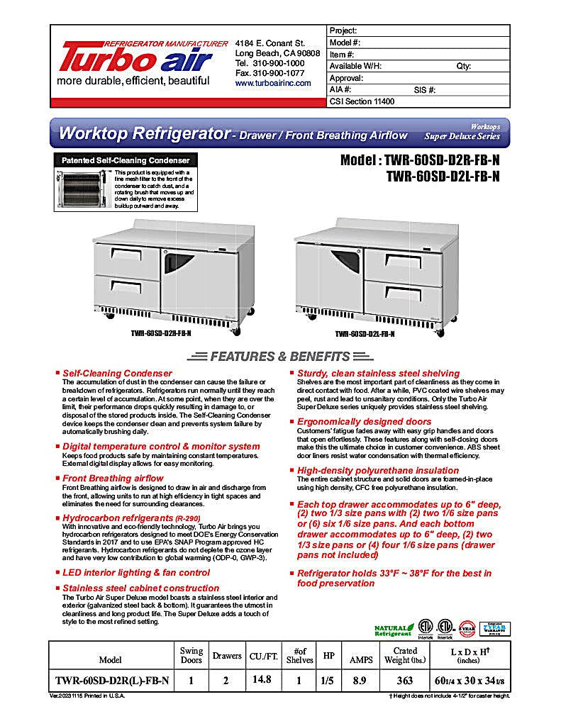 Turbo Air TWR-28SD-FB-N 27 1/2" Super Deluxe Worktop Refrigerator w/ (1) Section, 1 Solid Door, Front Breathing - Donut-Equipment.com