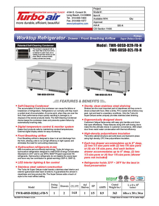 Turbo Air TWR-28SD-FB-N 27 1/2" Super Deluxe Worktop Refrigerator w/ (1) Section, 1 Solid Door, Front Breathing - Bakery Wholesalers