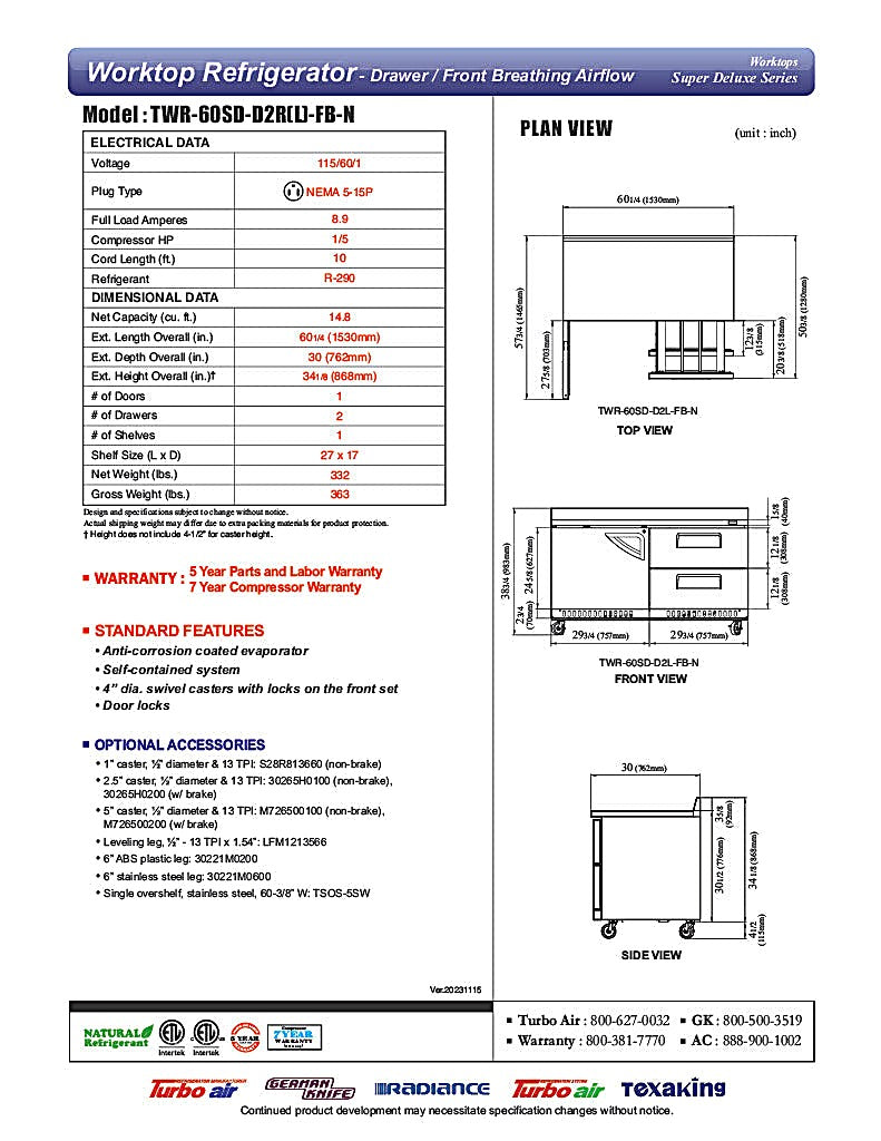 Turbo Air TWR-28SD-FB-N 27 1/2" Super Deluxe Worktop Refrigerator w/ (1) Section, 1 Solid Door, Front Breathing - Donut-Equipment.com