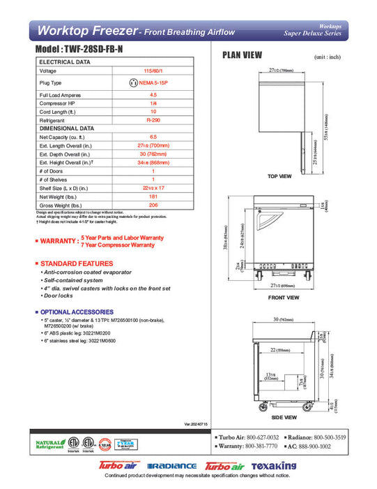 Turbo Air TWF-28SD-FB-N 27 1/2" Super Deluxe Worktop Freezer w/ (1) Section, 1 Solid Door, Front Breathing - Bakery Wholesalers