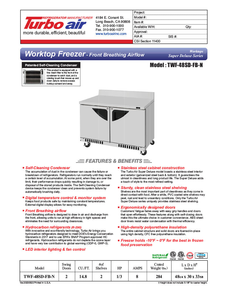 Turbo Air TWF-48SD-FB-N 48 1/4" Super Deluxe Worktop Freezer w/ (2) Sections, 2 Solid Doors, Front Breathing - Donut-Equipment.com