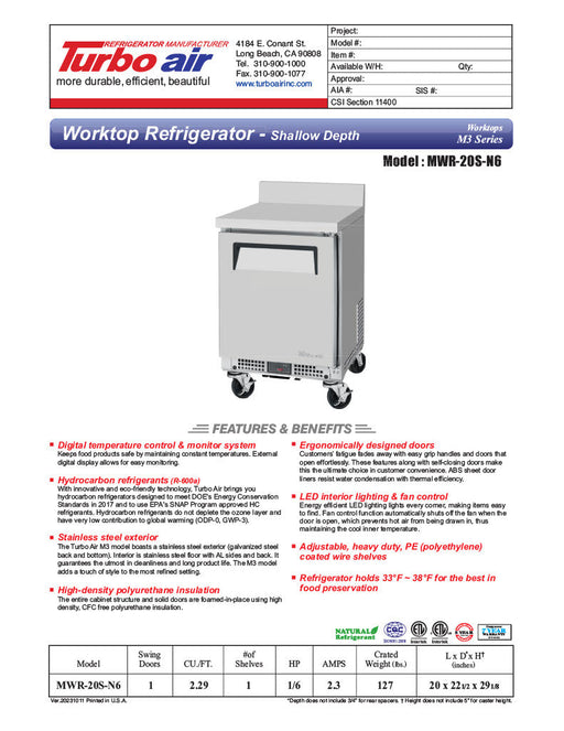 Turbo Air MWR-20S-N6 M3 Series 20" Shallow Depth Undercounter Worktop Refrigerator w/ (1) Section, 1 Solid Door - Bakery Wholesalers