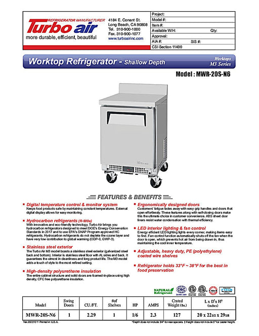 Turbo Air MWR-20S-N6 M3 Series 20" Shallow Depth Undercounter Worktop Refrigerator w/ (1) Section, 1 Solid Door - Donut-Equipment.com