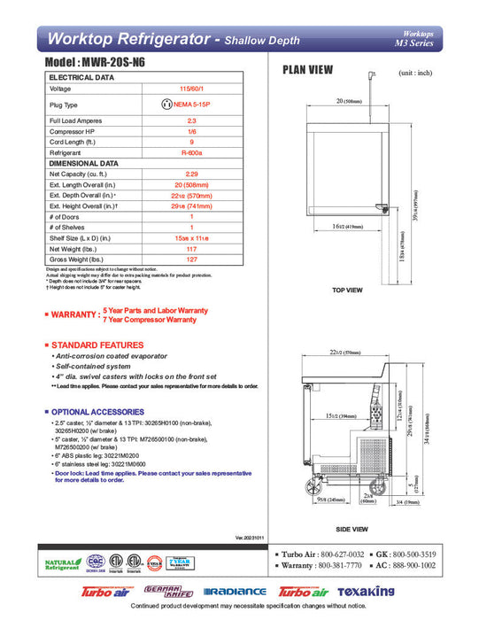 Turbo Air MWR-20S-N6 M3 Series 20" Shallow Depth Undercounter Worktop Refrigerator w/ (1) Section, 1 Solid Door - Bakery Wholesalers