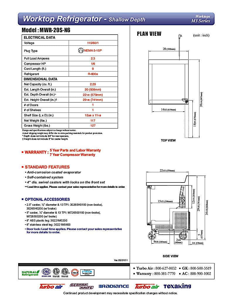 Turbo Air MWR-20S-N6 M3 Series 20" Shallow Depth Undercounter Worktop Refrigerator w/ (1) Section, 1 Solid Door - Donut-Equipment.com